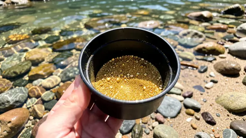 Batea negra con polvo de oro y pepitas en río aurífero español - batear oro en espana