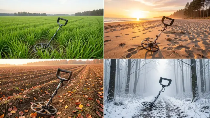 Detección de metales en las cuatro estaciones: campo primavera, playa verano, tierra arada otoño y bosque invierno - estacion