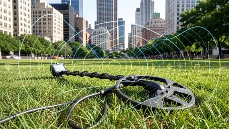 Detector de metales en parque urbano con edificios al fondo e interferencias electromagnéticas - detectar metales entornos ur