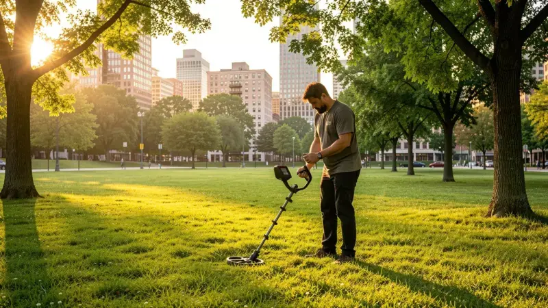 Detector de metales en parque urbano con edificios al fondo - detección metales zona urbana permisos España