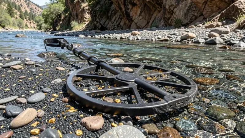 Bobina de detector de metales sobre gravas de río con partículas de oro visibles - detectar oro en ríos España