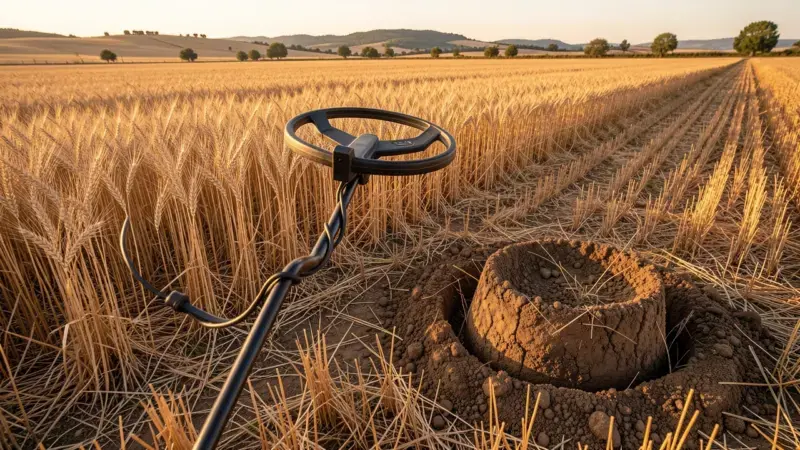 Detector de metales sobre rastrojo de trigo tras la cosecha con técnica del tapón visible para detectar sin dañar el cultivo