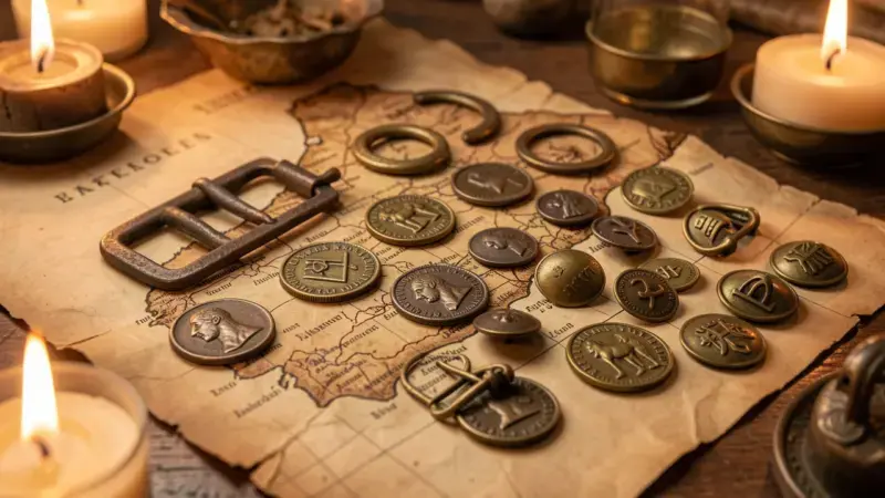 Monedas romanas de bronce, fíbulas medievales y botones militares del siglo XIX sobre mapa antiguo de España - detectar guerr