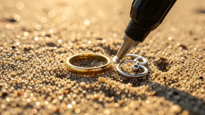 Anillo de oro y pendiente de plata en arena de playa húmeda junto a pinpointer detector - encontrar joyas perdidas detector m