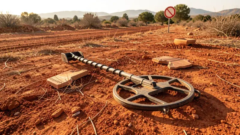 Detector de metales sobre tierra roja andaluza con fragmentos cerámicos - ley detector metales Andalucía prohibición