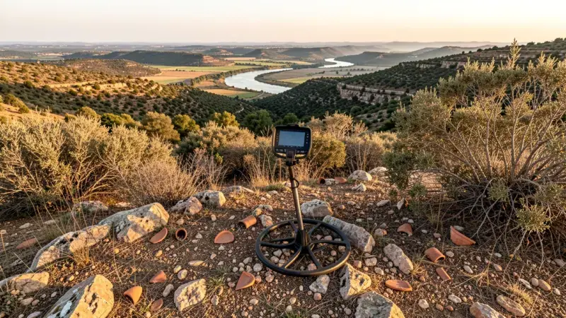 Detector de metales en paisaje rocoso aragonés con valle del Ebro - legislación detector metales Aragón