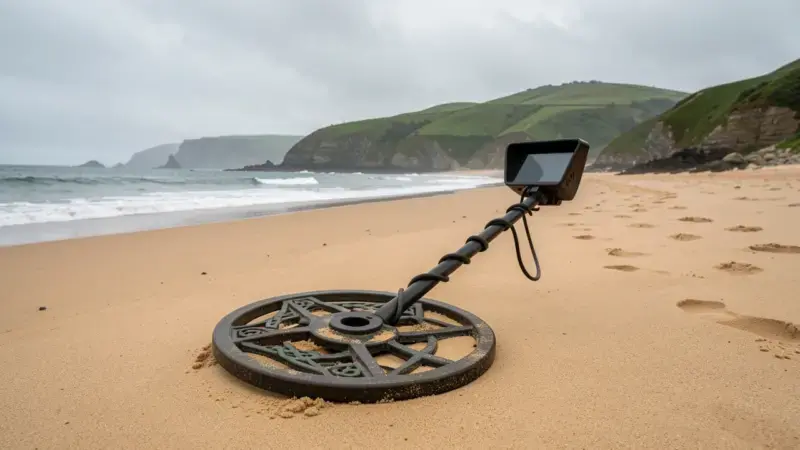 Detector de metales en playa atlántica asturiana con acantilados verdes - legislación detector metales Asturias