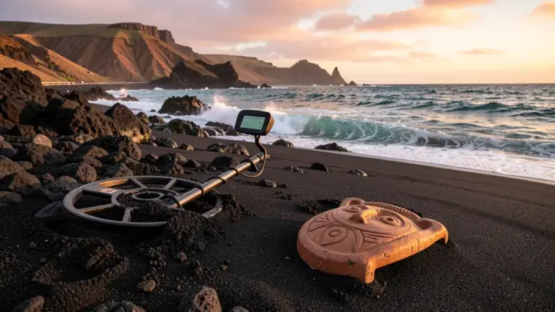 Detector de metales en playa volcánica canaria con pintadera guanche - legislación detectores Canarias Ley 11/2019