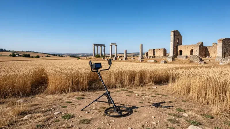 Detector de metales en páramo castellano con ruinas romanas al fondo - legislación detectores Castilla-La Mancha Ley 4/2013