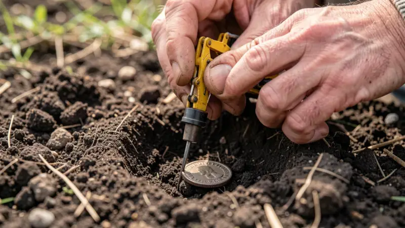 Extracción cuidadosa de moneda romana del suelo con pinpointer - técnica excavación detector de metales sin dañar hallazgo