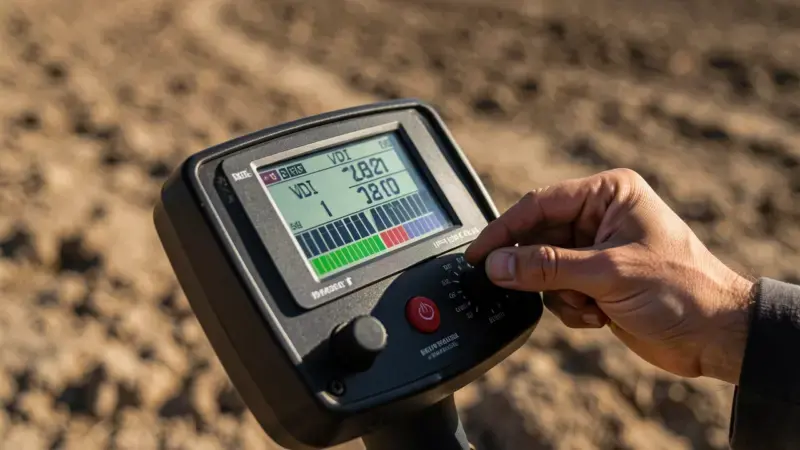 Panel de control de detector de metales con pantalla VDI y mano ajustando sensibilidad - señales falsas detector