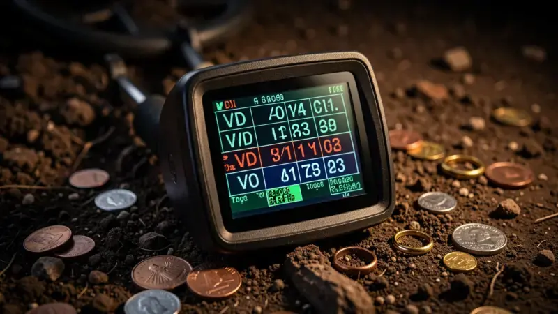 Pantalla detector de metales mostrando indicadores VDI con monedas bronce plata cobre en suelo - identificar tipos metales de