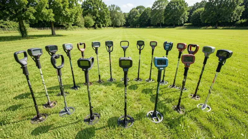 Varios detectores de metales de distintas marcas colocados en semicírculo en campo verde representando un club - club detecto