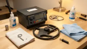 Componentes de detector de metales sobre mesa para limpieza y mantenimiento - como limpiar detector de metales