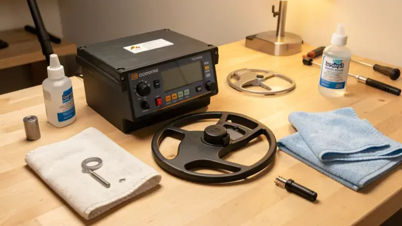 Componentes de detector de metales sobre mesa para limpieza y mantenimiento - como limpiar detector de metales