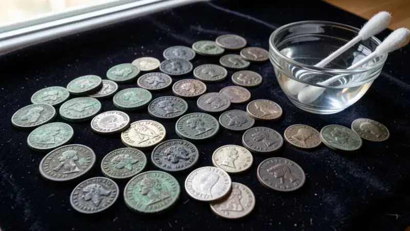Monedas antiguas de bronce y plata con pátina verde y negra sobre paño oscuro - como limpiar monedas antiguas