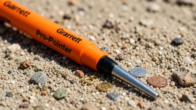 Pinpointer Garrett Pro-Pointer AT junto a pendiente de oro y monedas pequeñas en suelo arenoso - localizar objetos pequeños d