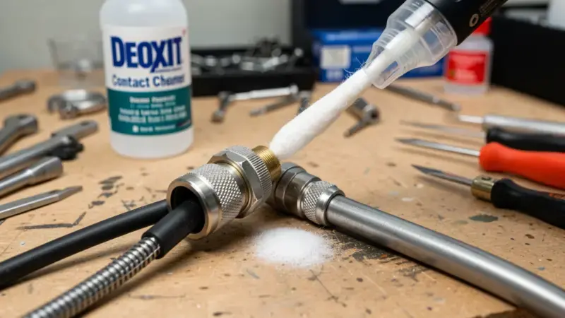 Limpieza del conector de bobina del detector con alcohol isopropílico y bastoncillo para mantener la precisión con el tiempo
