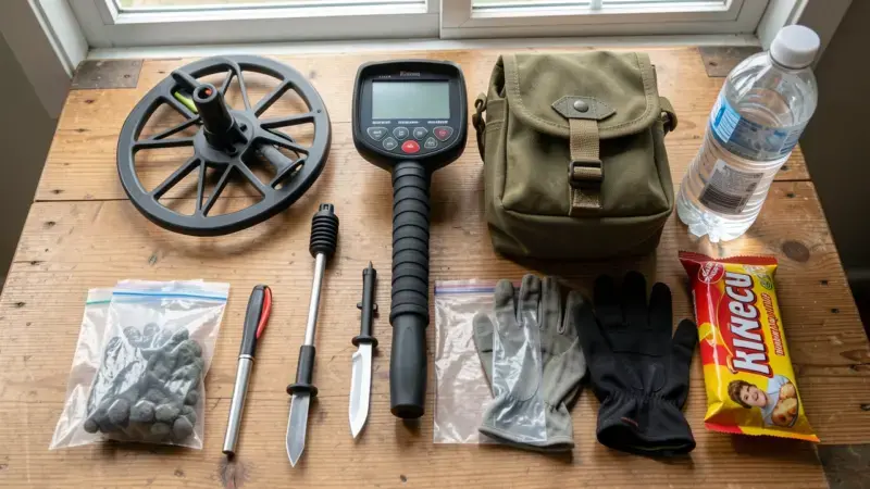 Kit completo de campo para detección de metales: detector, paleta, pinpointer, bolsas, guantes y agua - preparar equipo jorna