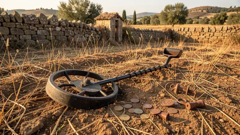 Detector de metales en campo agrícola rural español con monedas antiguas - uso detector metales zonas rurales