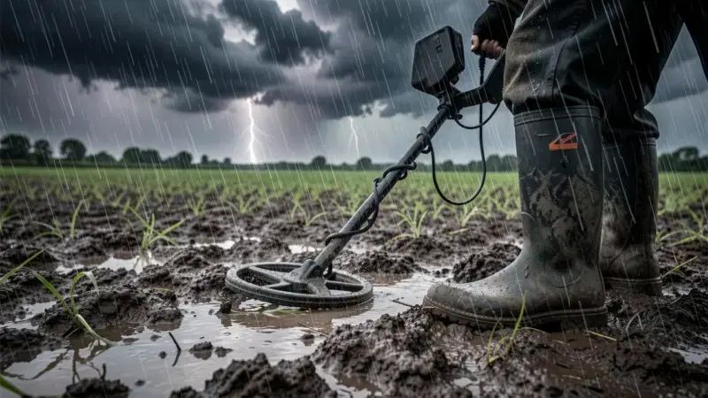 Detector de metales en campo agrícola bajo la lluvia con suelo mojado - uso en condiciones climáticas adversas