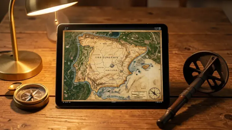 Mapa histórico de España superpuesto sobre imagen satelital en tablet junto a brújula y detector de metales - mapas histórico