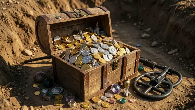 Cofre de tesoro con monedas de oro y plata antiguas junto a detector de metales - tesoros más buscados del mundo