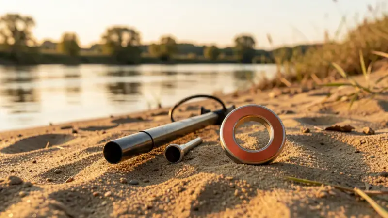 Detector de metales y imán de neodimio comparados en orilla de río - diferencias y usos