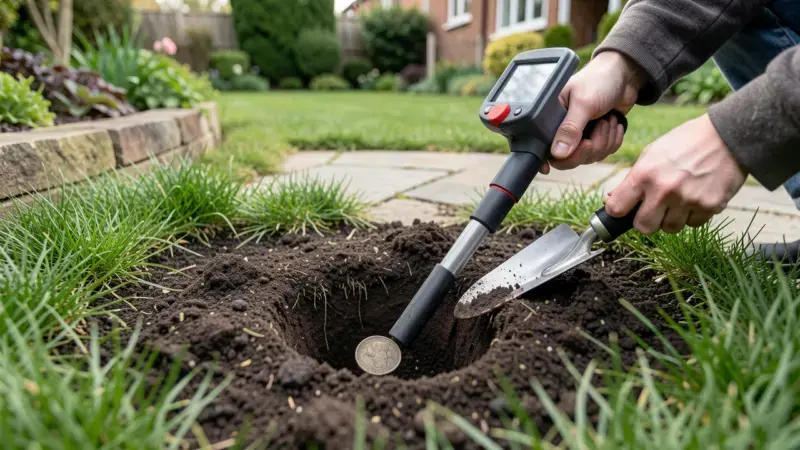 Detector de metales compacto rastreando suelo de jardín con moneda antigua parcialmente visible - detector objetos enterrados