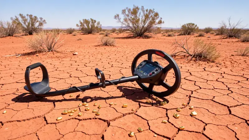 Detector de metales PI Minelab sobre suelo desértico rojo con pepitas de oro - búsqueda de oro en desierto