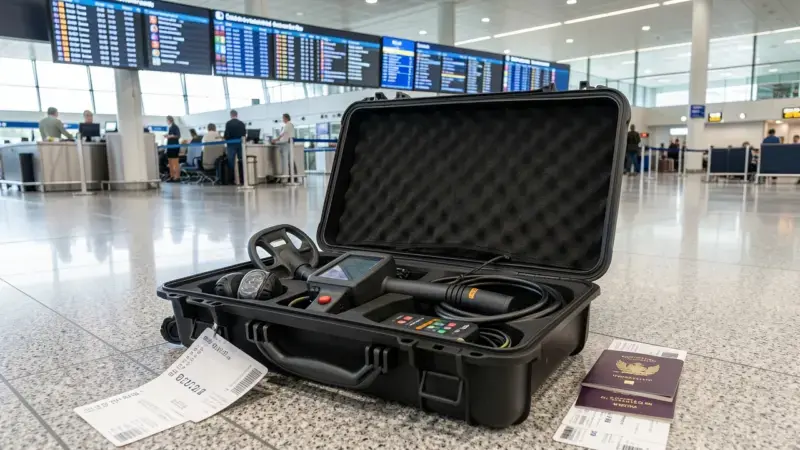 Detector de metales empaquetado en maleta rígida en aeropuerto internacional con pasaporte para viajes internacionales con de