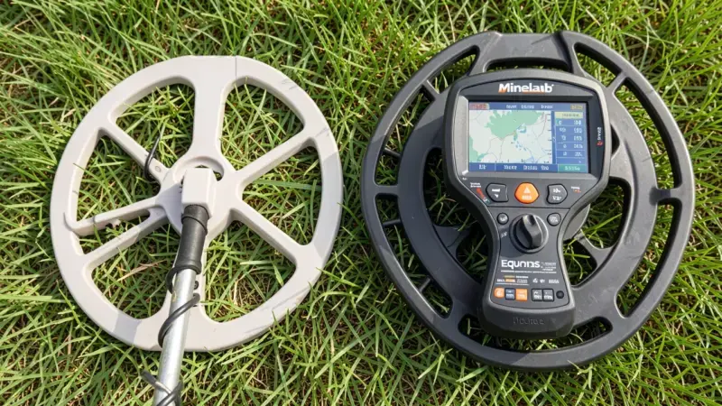 Comparativa detector de metales barato de plástico junto a detector profesional Minelab de alta gama sobre césped - diferenci