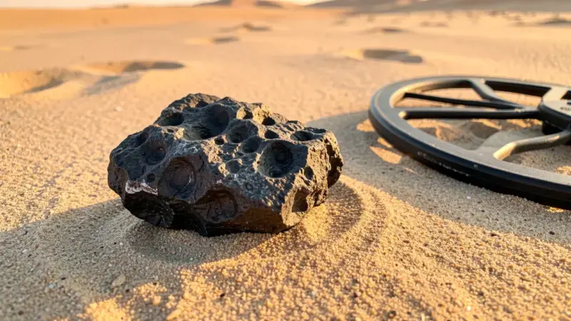 Fragmento de meteorito con corteza de fusion negra junto a bobina de detector en arena desertica - detectores de metales mete