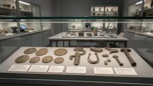 Vitrina museo con monedas romanas y artefactos medievales - detectores de metales patrimonio cultural conservación España