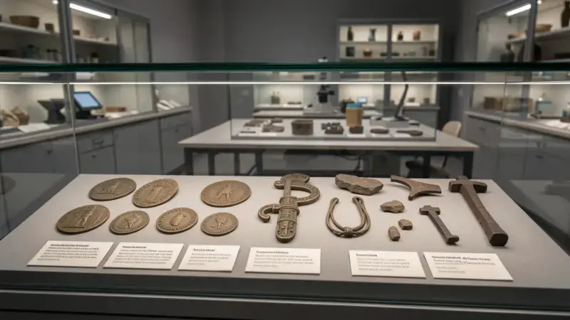 Vitrina museo con monedas romanas y artefactos medievales - detectores de metales patrimonio cultural conservación España