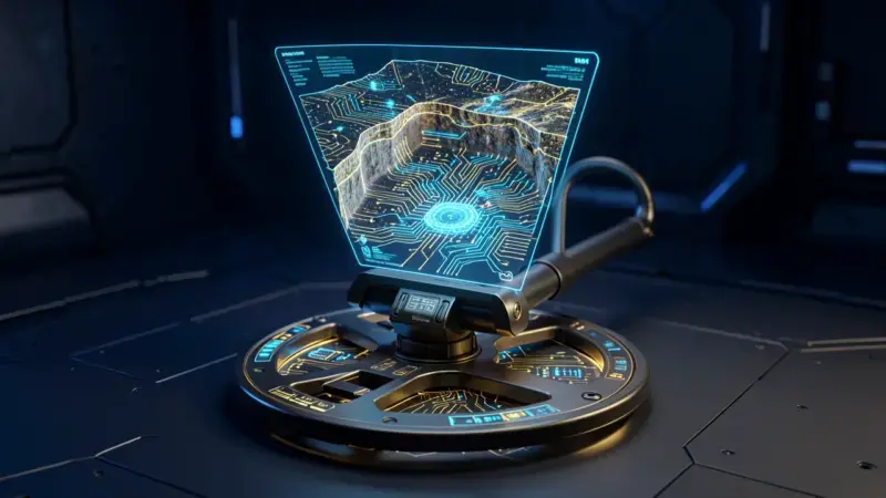Detector de metales futurista con pantalla holográfica 3D mostrando escaneo subterráneo - futuro detectores innovaciones