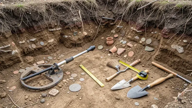 Sonda detector de metales y herramientas arqueológicas junto a perfil estratigráfico con monedas y cerámica - detección metal