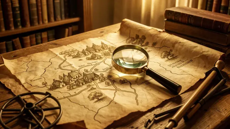 Mapa histórico en pergamino con lupa examinando caminos medievales y detector de metales - buscar metales lugares históricos