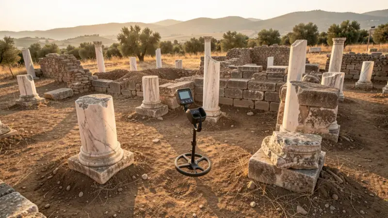 Detector de metales sobre ruinas romanas de piedra y columnas de mármol enterradas en suelo mediterráneo - buscar tesoros rui