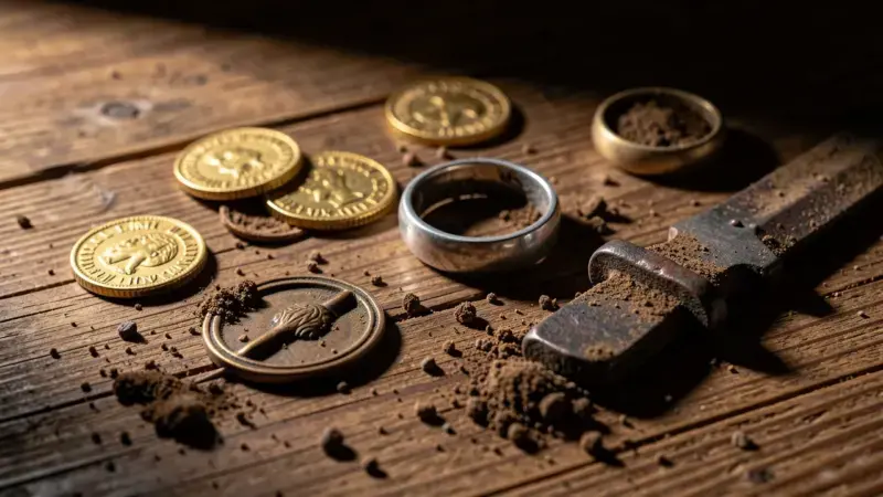 Colección de artefactos antiguos hallados con detector - monedas romanas, fíbula bronce y anillo medieval en España