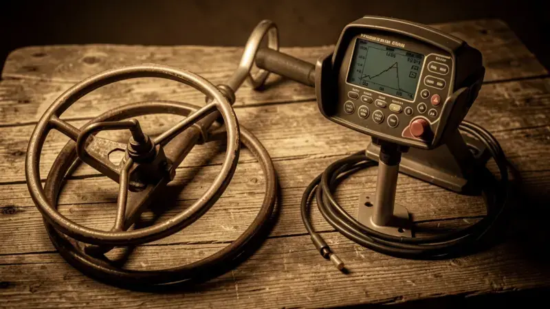 Detector de metales vintage de los años 60 junto a detector digital moderno mostrando evolución tecnológica - historia detect