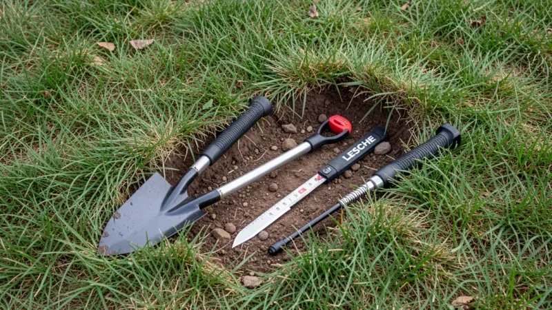 Herramientas de excavación detector de metales: pala Lesche y pinpointer junto a hoyo con tapón de hierba cortado