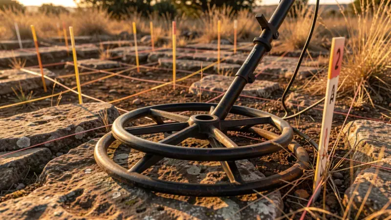 Bobina de detector de metales rastreando terreno antiguo con marcadores de cuadrícula - técnicas localizar tesoros detector