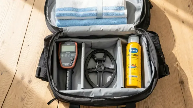 Detector de metales compacto desmontado en mochila de viaje con equipo de playa - detectores para viajeros