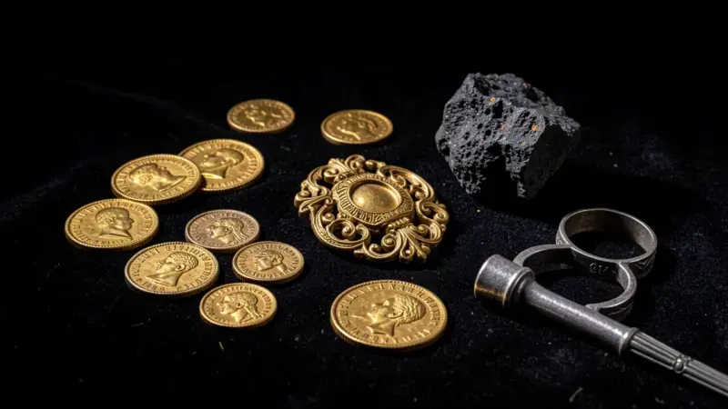 Colección de hallazgos extraordinarios con detector: monedas romanas de oro, fíbula sajona, fragmento de meteorito y anillo m