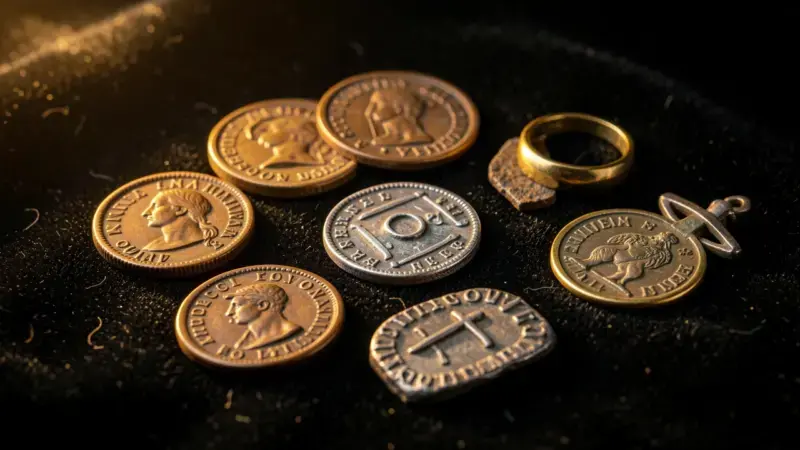 Colección de hallazgos valiosos con detector: monedas romanas bronce, plata medieval, anillo oro, sello plomo - materiales va