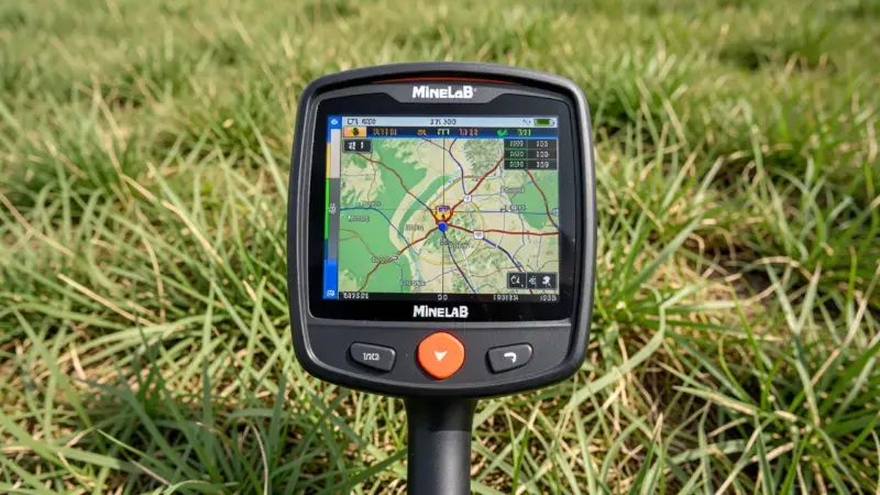Detector Minelab CTX 3030 con pantalla GPS en color mostrando mapa de hallazgos sobre césped - detector de metales con GPS