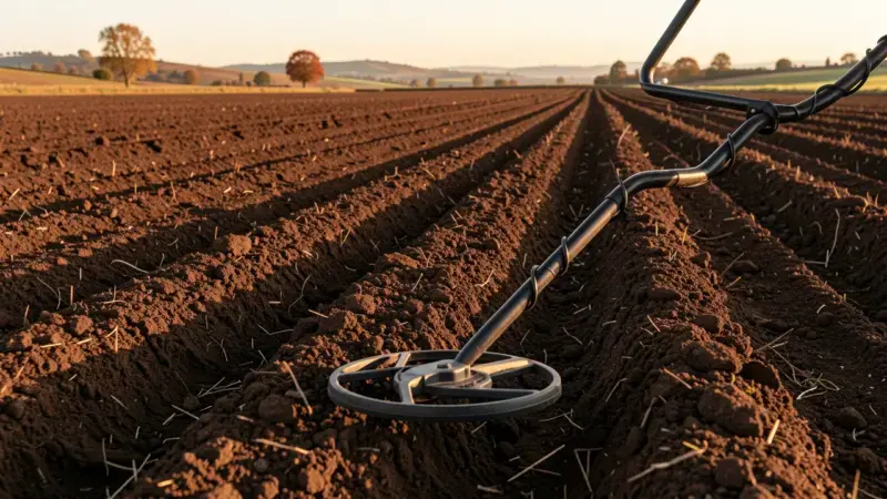 Detector de metales barriendo surcos de tierra arada en campo agrícola español en otoño - detección en tierra arada