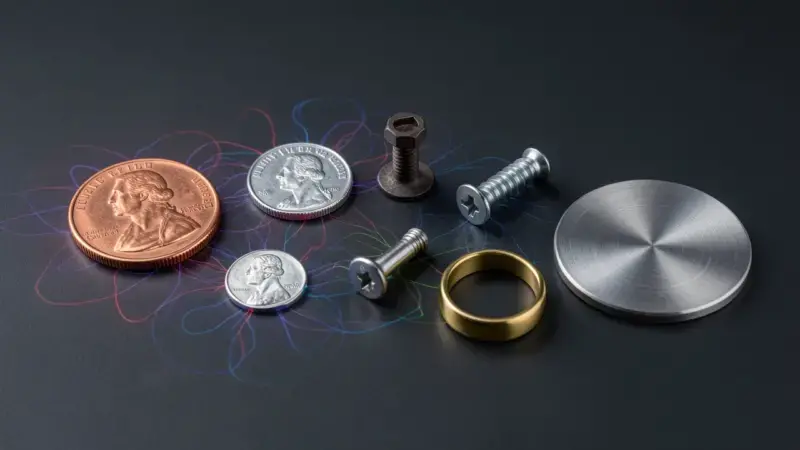 Muestras de metales comparadas por detectabilidad electromagnética: cobre, plata, hierro, titanio, oro, acero inoxidable - me
