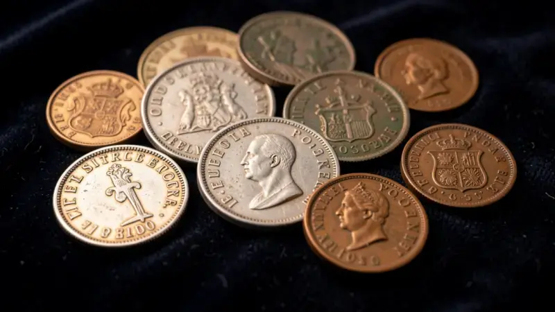 Colección de monedas antiguas españolas de diferentes épocas sobre terciopelo oscuro - monedas antiguas España valor